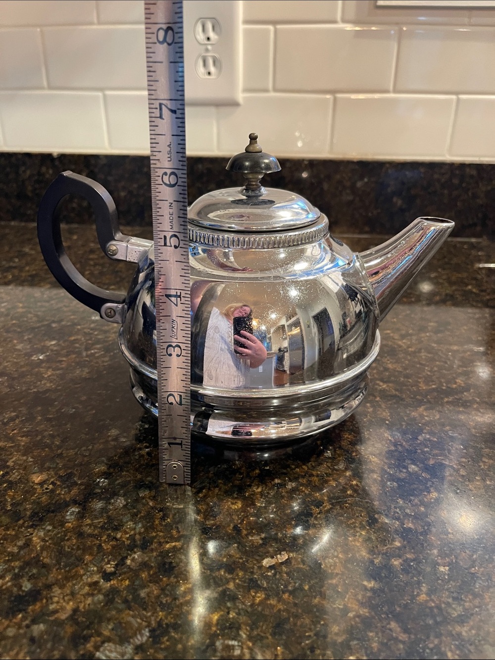 Vintage Silver-Finish Teapot with Black Handle - Home Kitchen with wear